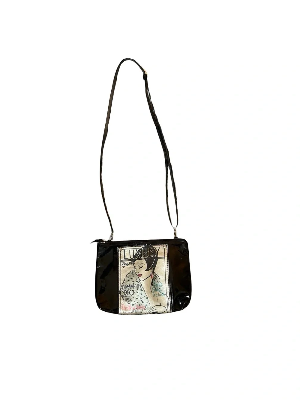 Brighton Fashionista Diva Crossbody Bag Patent Leather Luxury Magazine Print Y2K